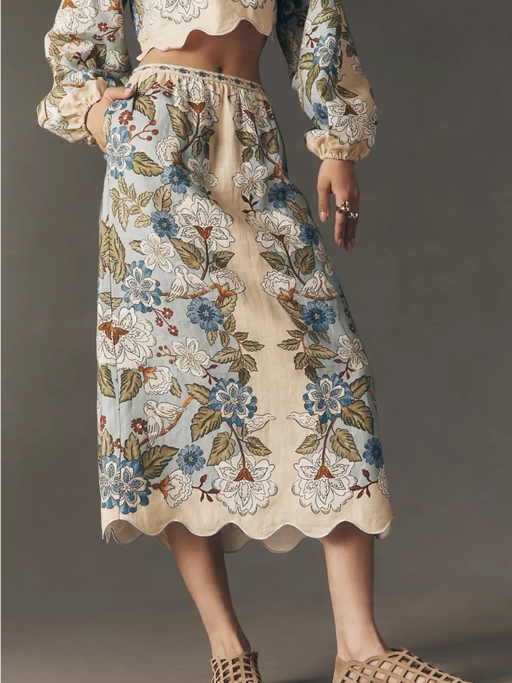 FARM Rio Cream Garden Scarf Euroflax™ Premium Linen Midi Skirt Size Medium NWT - Picture 4 of 16
